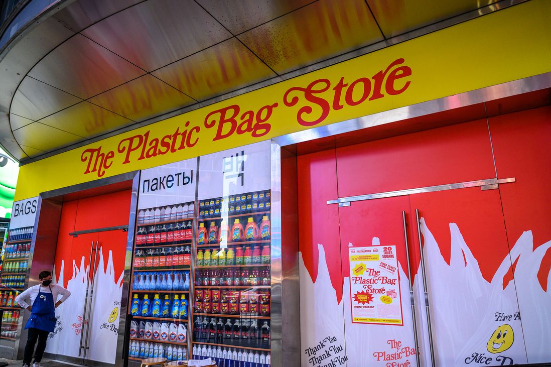 Inside the Plastic Bag Store in Times Square, filled with plastic items